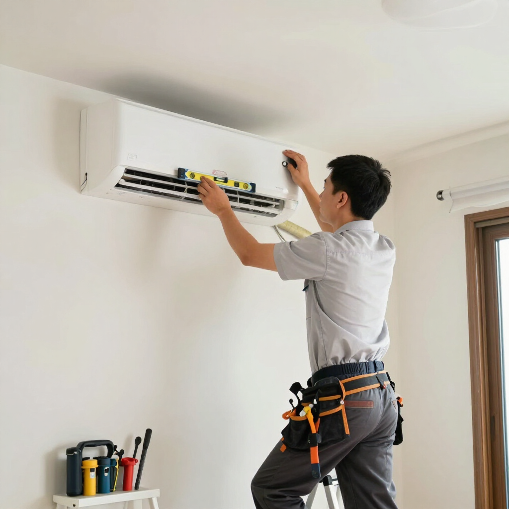Un técnico instalando un aire acondicionado de pared en el interior, trabajando con herramientas subido a un taburete