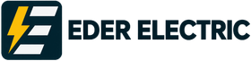 Logotipo de Eder Electric con un rayo amarillo estilizado sobre un fondo cuadrado azul oscuro