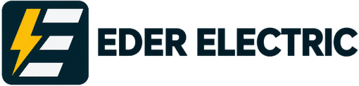 Logotipo de Eder Electric con un rayo amarillo estilizado sobre un fondo cuadrado azul oscuro