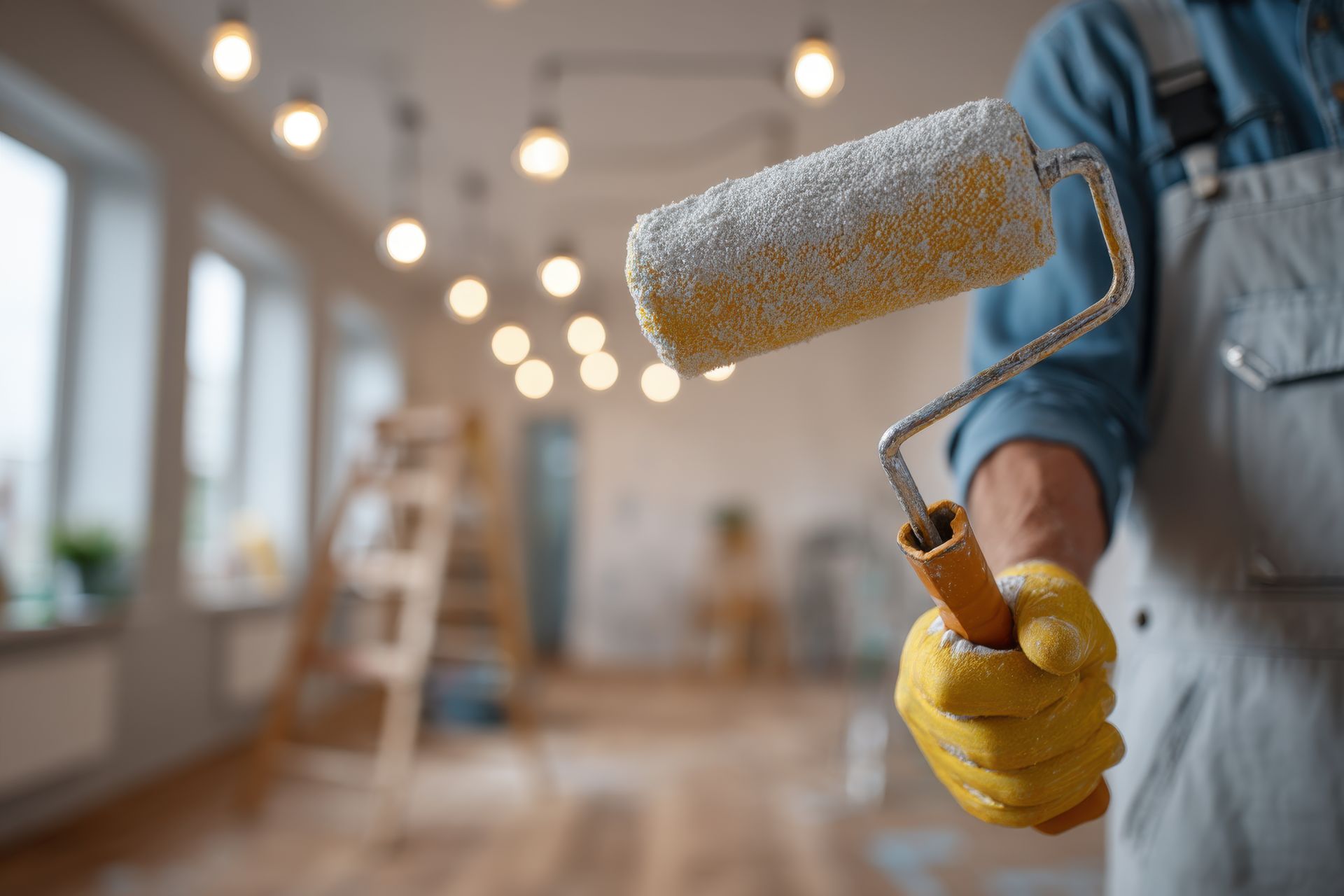 Chantier de peinture avec un gros plan sur le rouleau de peinture