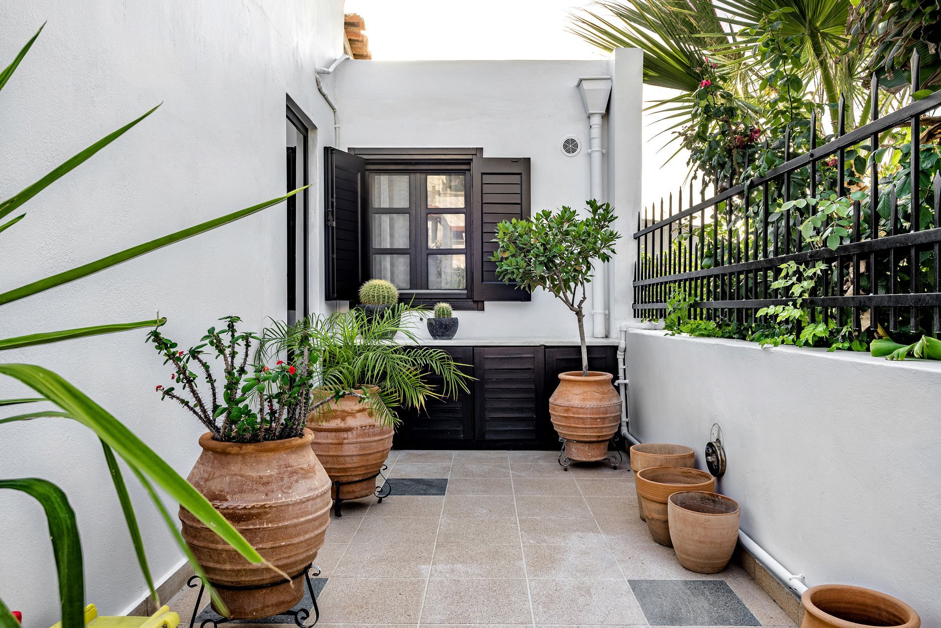 Terrasse carrelée avec plantes vertes en pot
