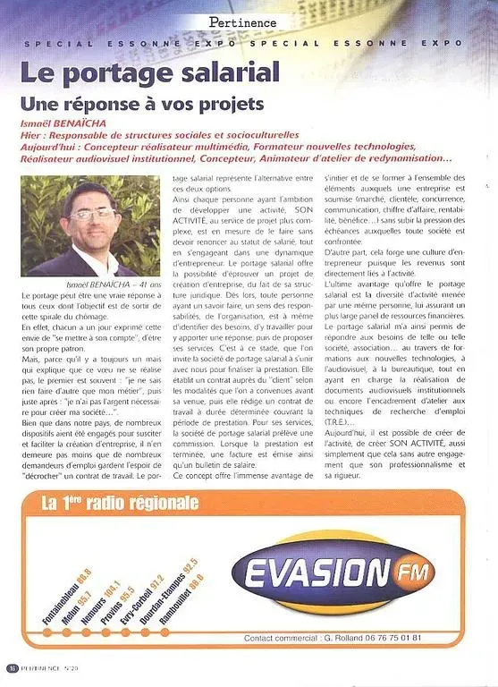 Article intitulé Le portage salarial et illustré par la photo d'un homme. En dessous, le logo d'une station de radio.