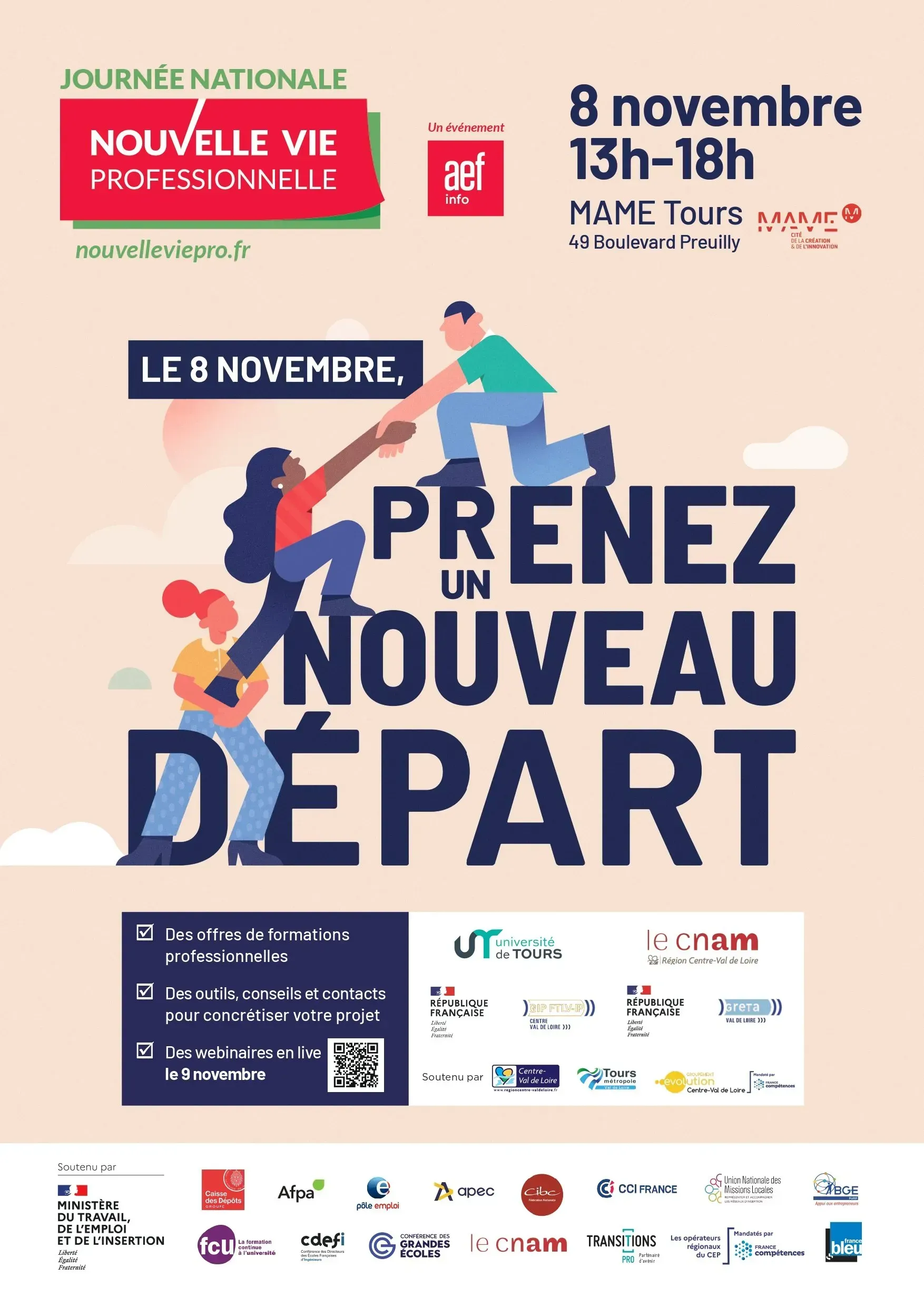 Affiche : Journée nationale de la nouvelle vie professionnelle, avec des personnes s'entraidant pour grimper, le 8 novembre, MAME Tour, France.
