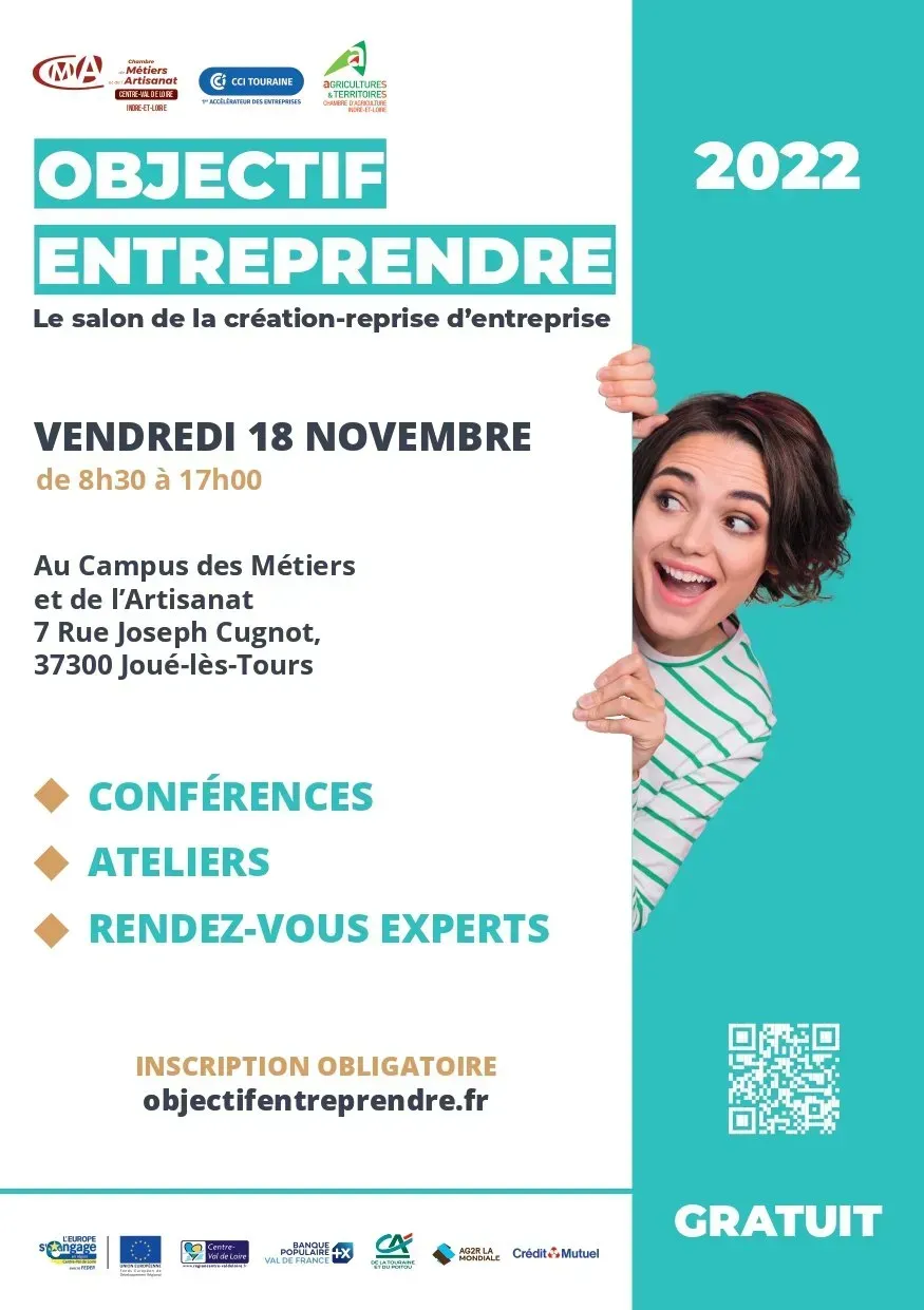 Affiche de l'événement OBJECTIF ENTREPRENDRE, le 18 novembre 2022, avec une femme qui jette un coup d'œil. Thèmes : conférences, ateliers, rencontres d'experts. Entrée libre.