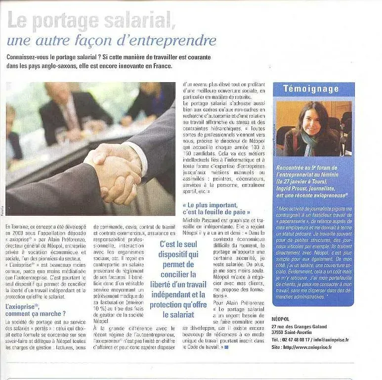Article sur le portage salarial, avec une poignée de main et le portrait d'une femme.