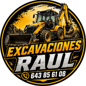 Logotipo de Excavaciones Raúl con una excavadora amarilla sobre un fondo circular negro y amarillo, teléfono 643 85 61 08