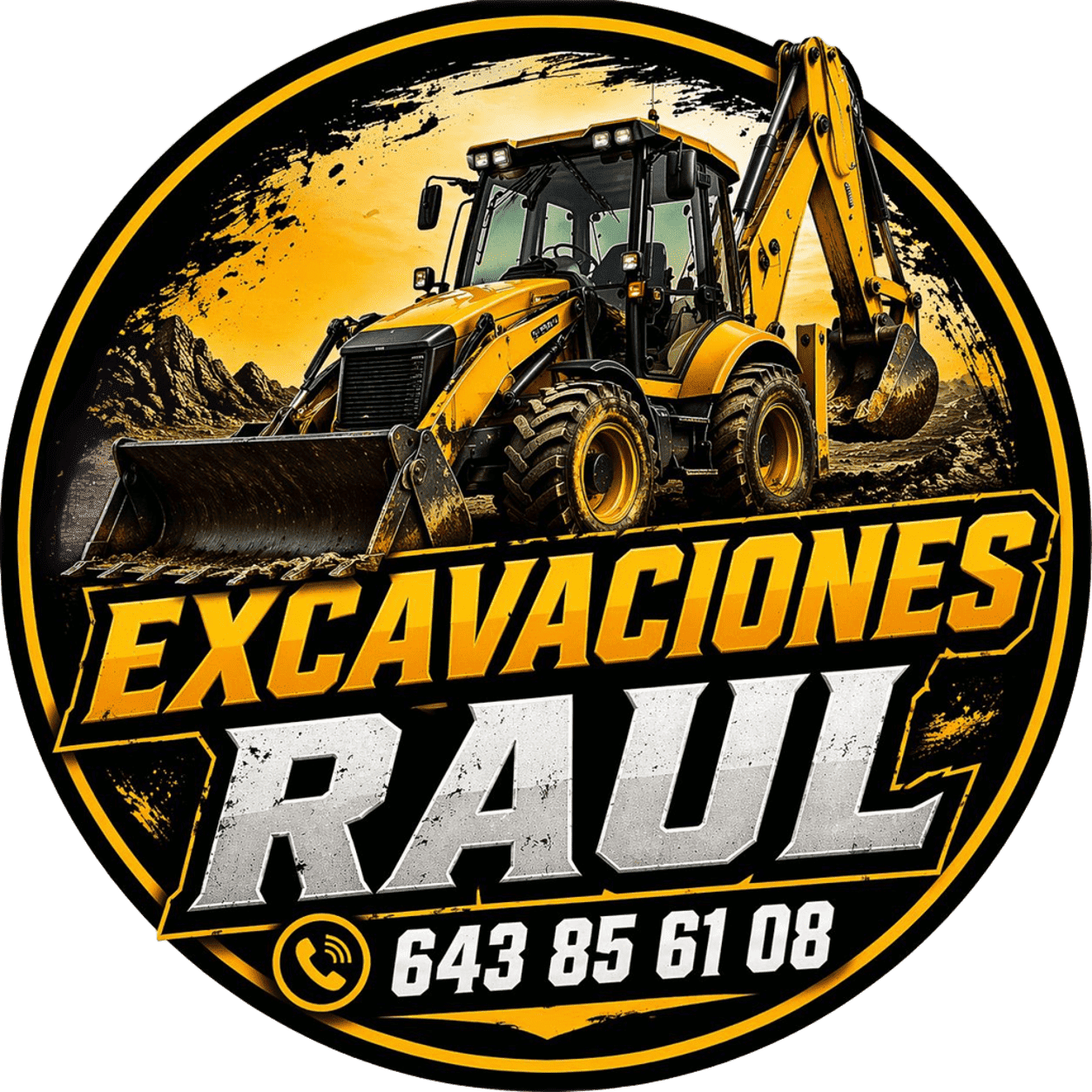 Logotipo de Excavaciones Raúl con una excavadora amarilla sobre un fondo circular negro y amarillo, teléfono 643 85 61 08