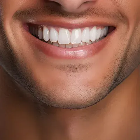 Primer plano de la boca sonriente de un hombre, mostrando dientes blancos brillantes contra un rostro bronceado y una barba.