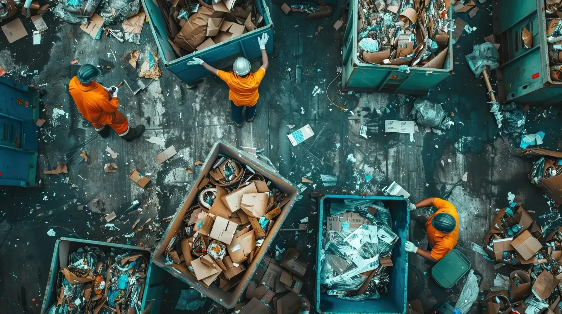 Trabajadores clasificando residuos en una instalación de reciclaje con contenedores azules
