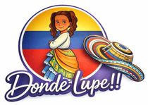 Logotipo colorido con una bailarina de dibujos animados con un vestido, un sombrero y el texto “Donde Lupe!!”