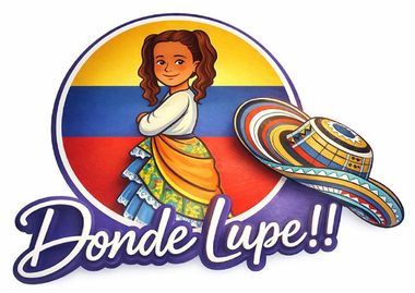 Logotipo colorido con una bailarina de dibujos animados con un vestido, un sombrero y el texto “Donde Lupe!!”