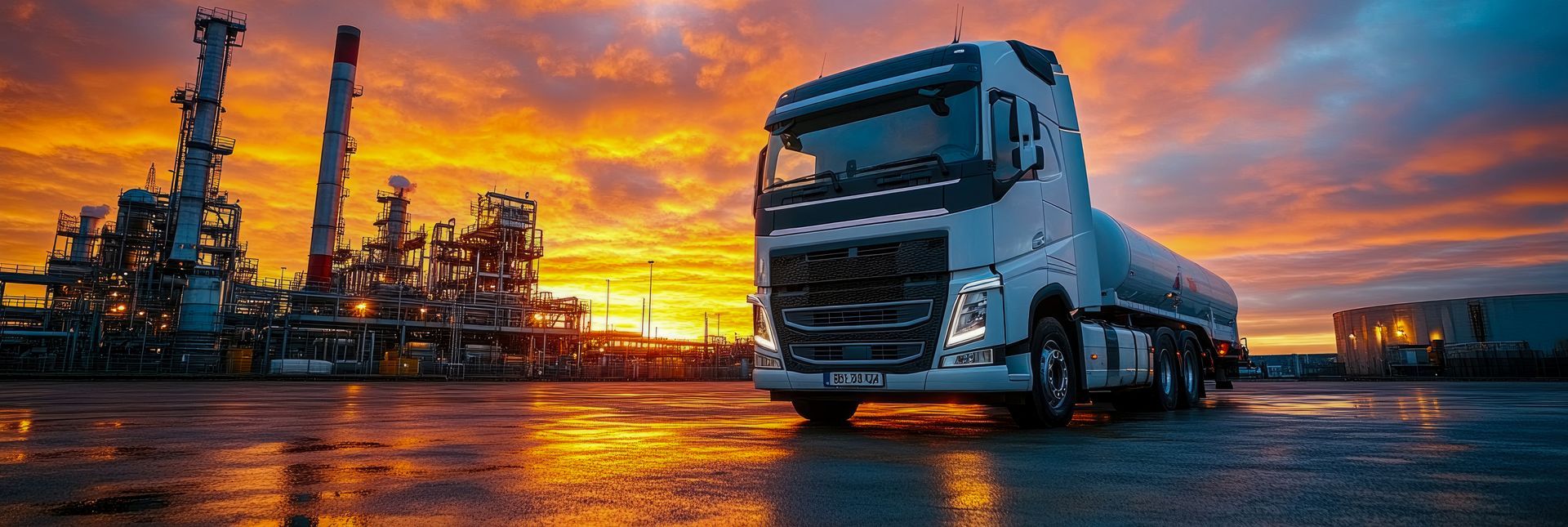 Un camion-citerne blanc stationné devant une raffinerie industrielle au coucher du soleil, dans des teintes flamboyantes d'orange et de violet.