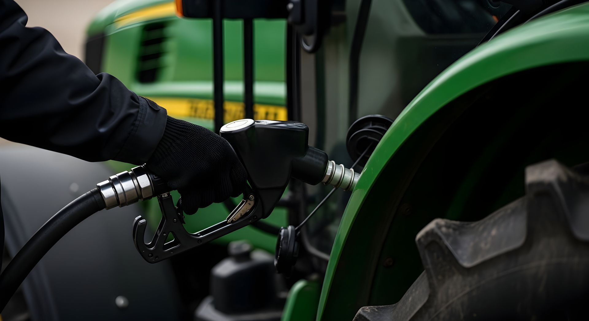 Une main gantée utilise un pistolet à carburant pour remplir le réservoir vert d'un tracteur.