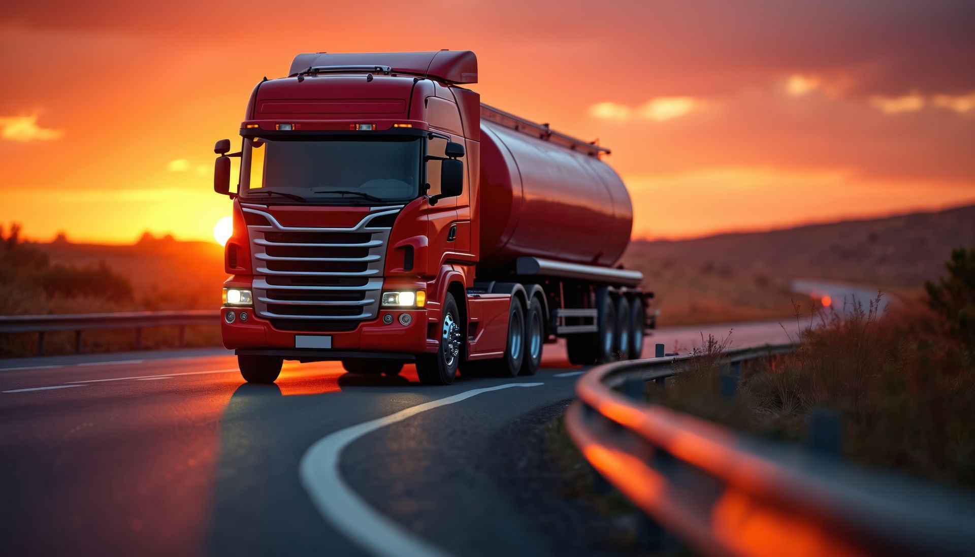 Un camion-citerne rouge roule sur une route au coucher du soleil, avec un ciel aux couleurs orange et jaune éclatantes.