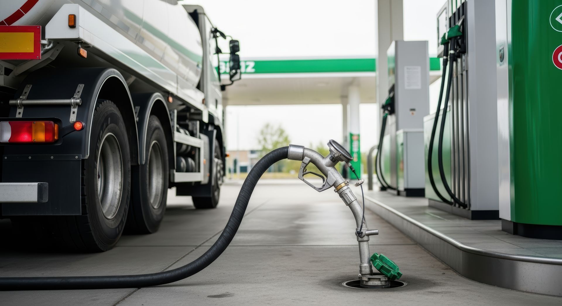 Un camion-citerne à une station-service, avec un tuyau relié à un orifice de remplissage au niveau du sol.