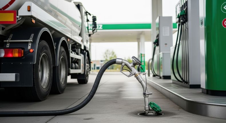 Un camion-citerne dans une station-service, avec un tuyau relié à un port d'admission de carburant au sol.