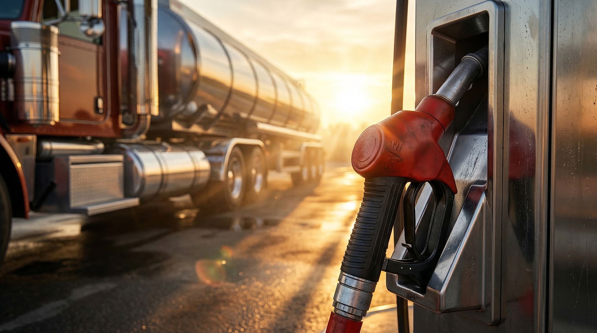 Un pistolet à essence rouge est accroché à une pompe, avec un camion-citerne stationné en arrière-plan au coucher du soleil.