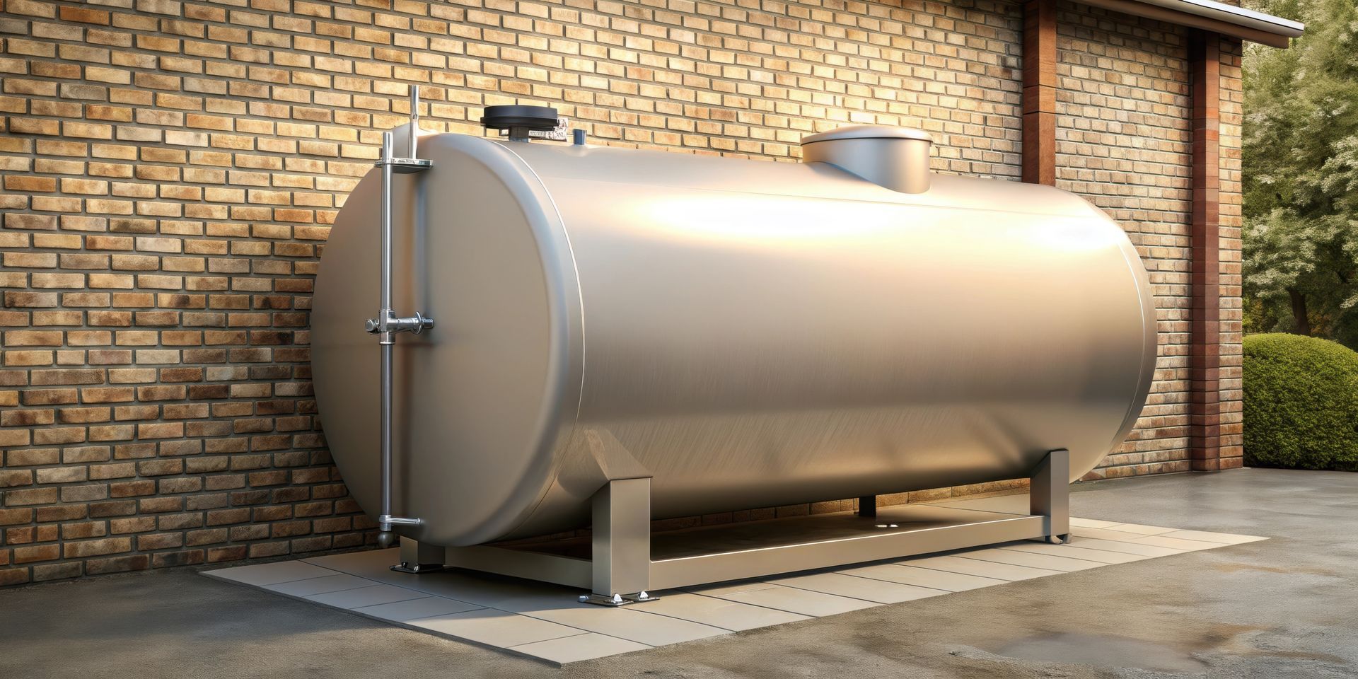 Un grand réservoir de stockage cylindrique en acier inoxydable repose sur une base en béton, adossé à un mur de briques.