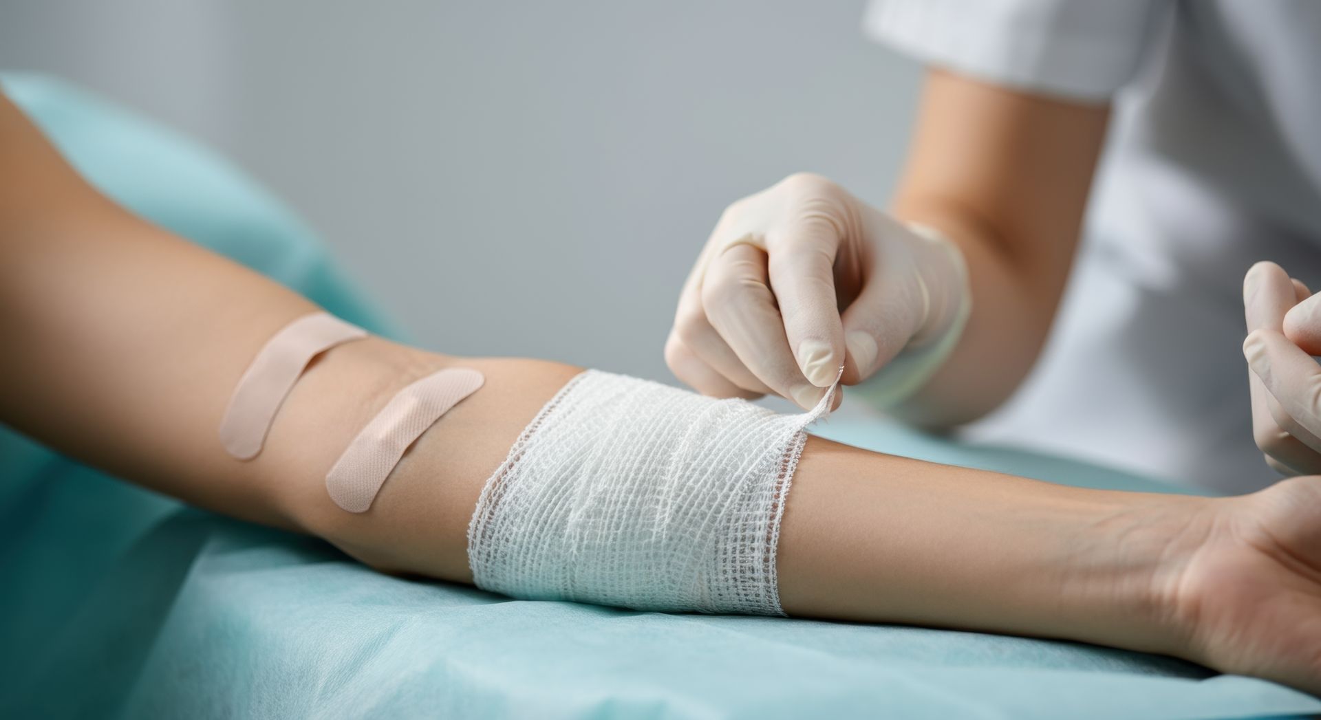 Une personne refait le pansement d'un bras