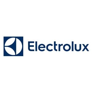 Logotipo da Electrolux: quadrado azul com desenho em branco e azul, e a palavra 