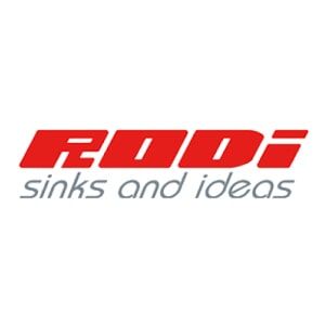 Logotipo da RODI, uma empresa. Texto vermelho inclinado acima, 