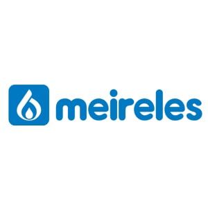 Logotipo da Meireles: quadrado azul com ícone de chama, seguido da palavra 