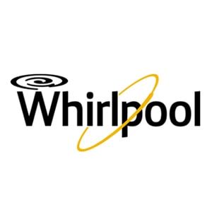 Logotipo da Whirlpool: texto preto com oval amarelo e linhas onduladas acima da palavra 