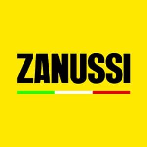 Logotipo da Zanussi em fundo amarelo, texto preto, com as cores da bandeira italiana abaixo.