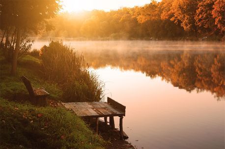 Un muelle y un banco de madera miran a un río tranquilo al amanecer, con luz dorada y árboles reflejados.