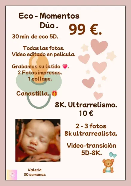 Cartel promocional de paquetes de fotos para bebés, 99€, con corazones rosas, foto de un bebé durmiendo y detalles del paquete.