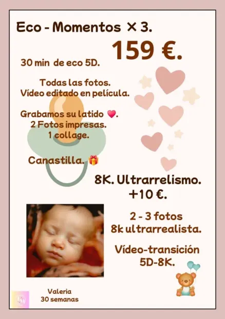 Tarifa de fotos “Eco-Momentos x 3” por 159 €, con detalles de sesión, bebé y corazones rosas.
