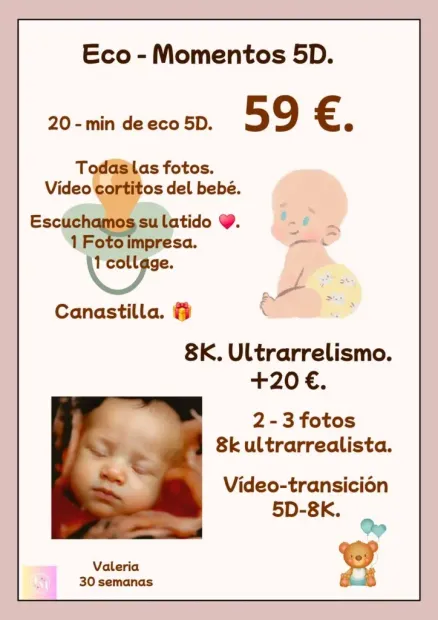 Folleto informativo sobre ecografías 5D y 8K ecológicas con precios, fotos de bebés e ilustraciones de dibujos animados en color rosa.