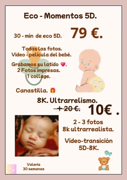 Folleto promocional para sesiones de fotos de bebés con precios, ejemplos de fotos de bebés y un diseño en tonos beige y rosa cálido.