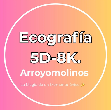 Logo circular rosa y naranja con texto “Ecografía 5D-8K. Arroyomolinos” en blanco.