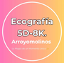 Promoción de ecografía 5D-8K en Arroyomolinos, fondo rosa y naranja con círculo blanco.