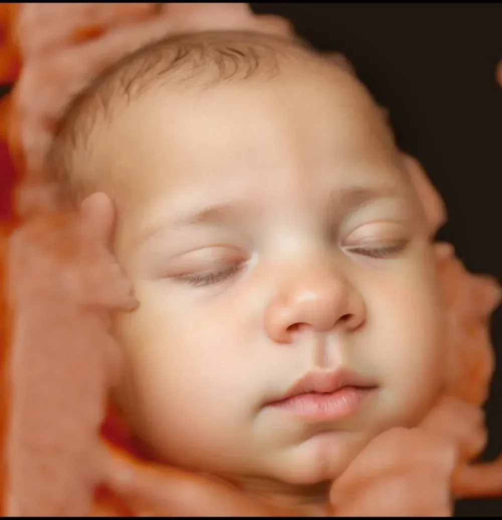 Bebé durmiendo con los ojos cerrados, envuelto en una suave manta color melocotón, retrato de primer plano.