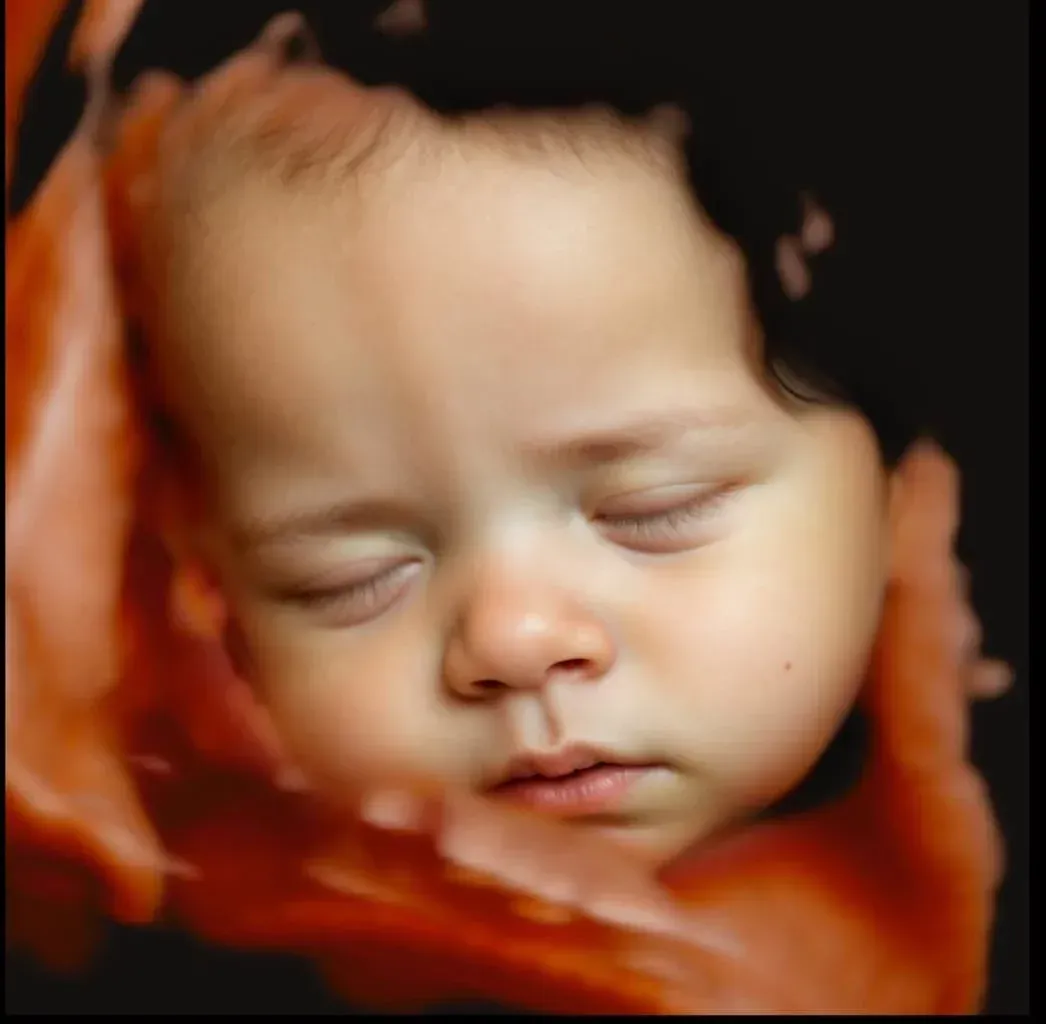 Bebé durmiendo envuelto en una suave manta naranja, primer plano con los ojos cerrados.