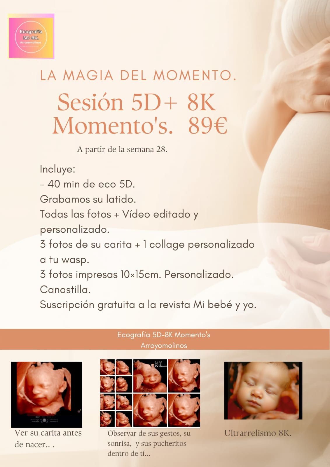 Folleto promocional para sesiones de fotos de bebés con precios, ejemplos de fotos de bebés y un diseño en tonos beige y rosa cálido.