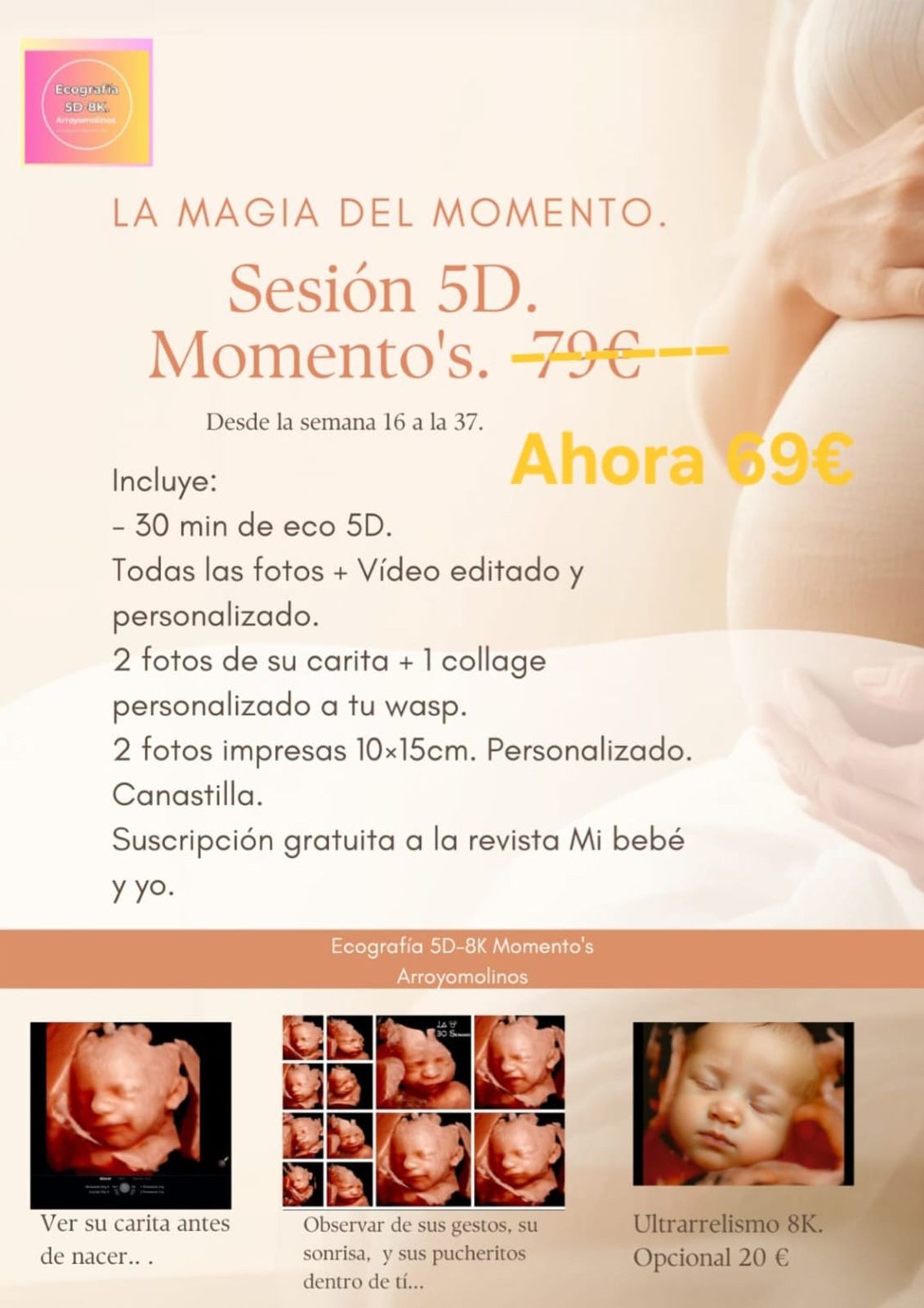 Tarifa de fotos “Eco-Momentos x 3” por 159 €, con detalles de sesión, bebé y corazones rosas.