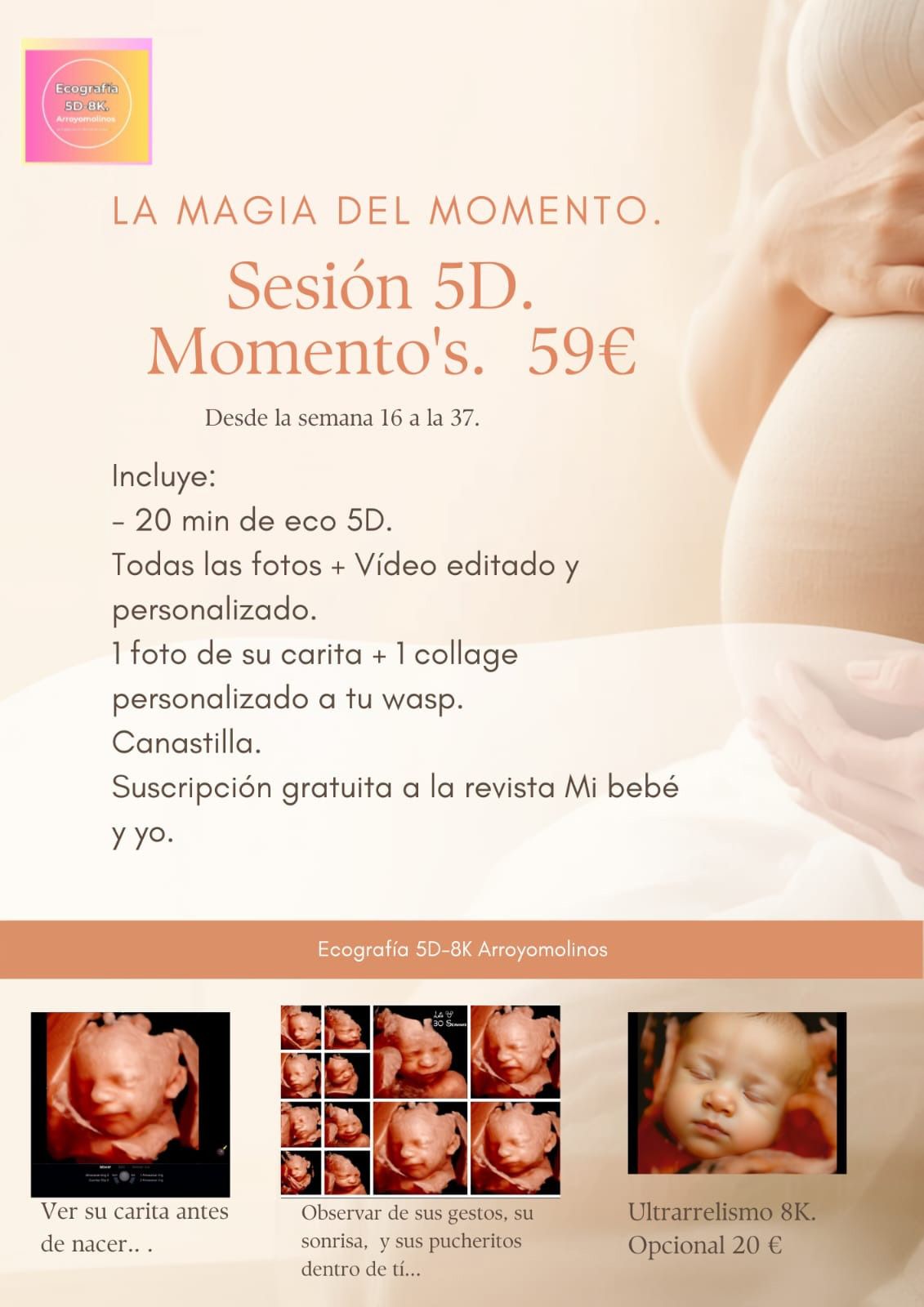 Folleto informativo sobre ecografías 5D y 8K ecológicas con precios, fotos de bebés e ilustraciones de dibujos animados en color rosa.