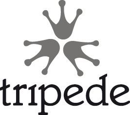 Logotipo con diseño de pata de rana estilizada de color gris sobre la palabra "tripede" en letras minúsculas negras.