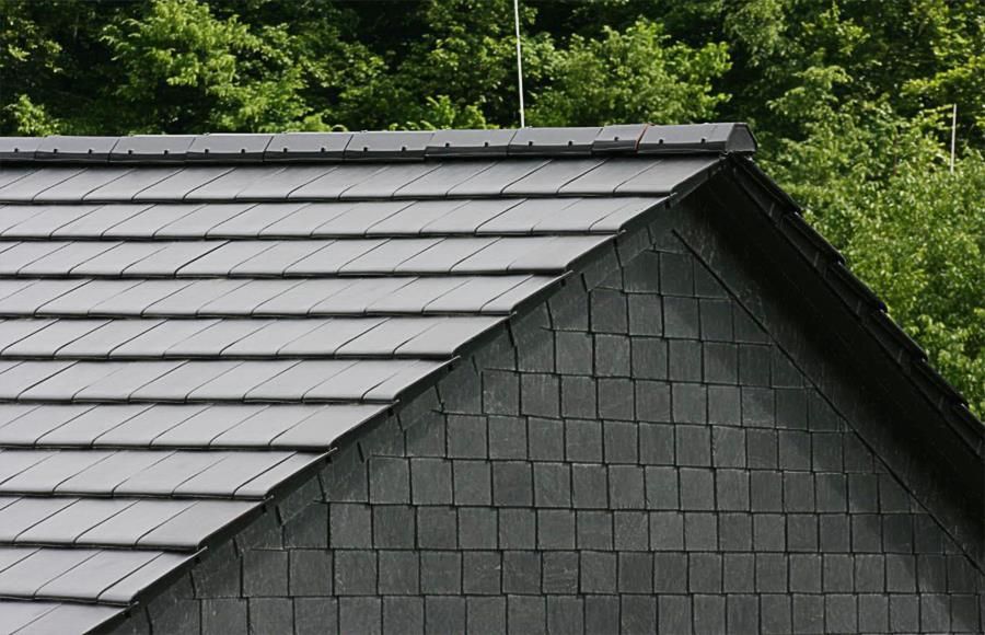 Eine Nahaufnahme eines schwarzen Daches mit Bäumen im Hintergrund