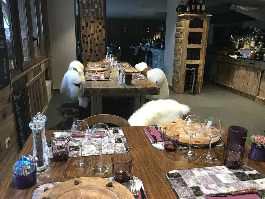 Intérieur de restaurant avec tables en bois dressées pour les repas, décor rustique et chaises recouvertes de peau de mouton.