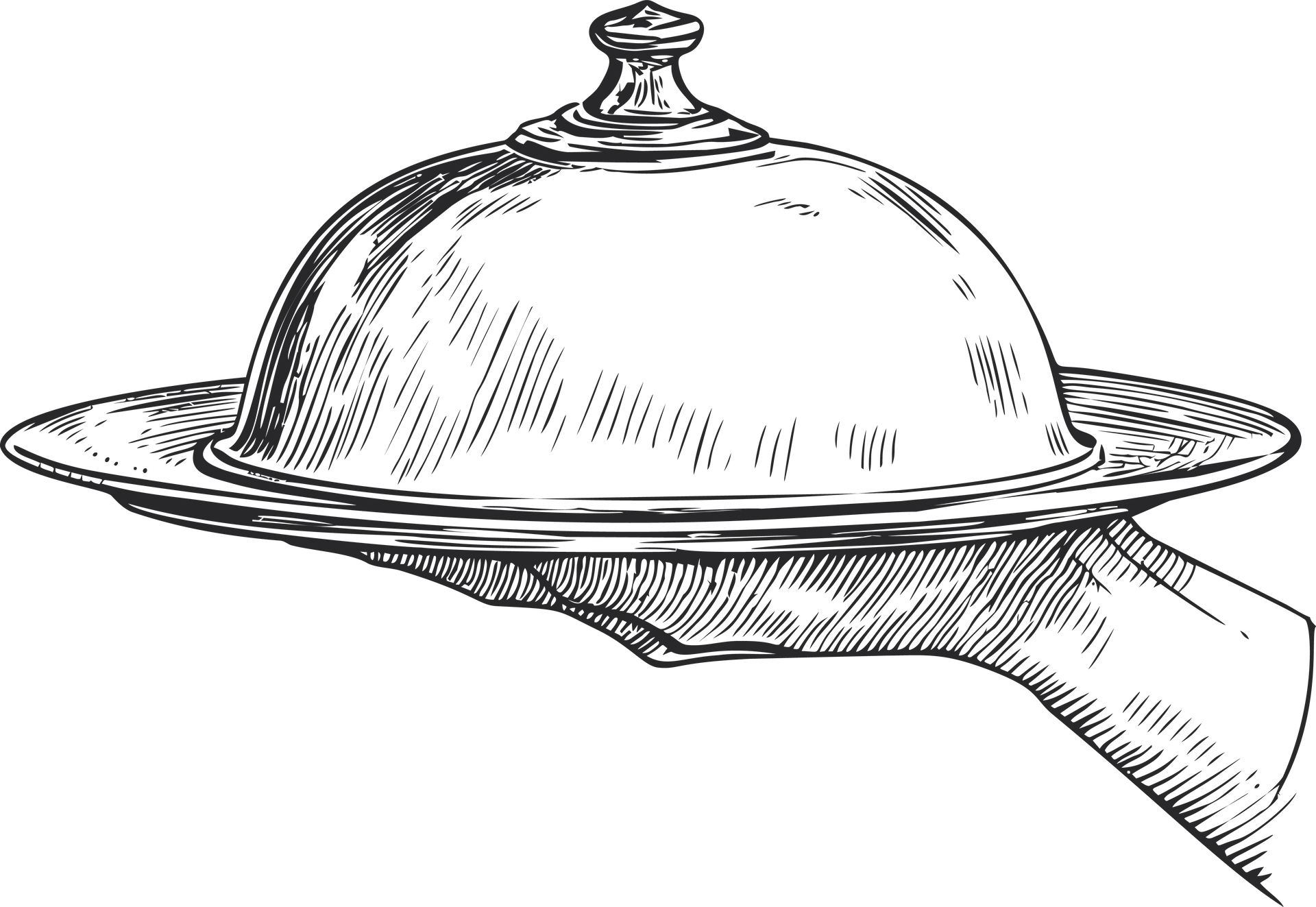 Main tenant un plat de service en argent recouvert.