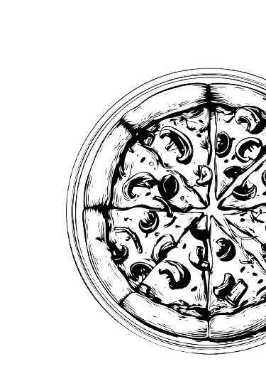 Illustration en noir et blanc d'une pizza aux champignons coupée en six parts.