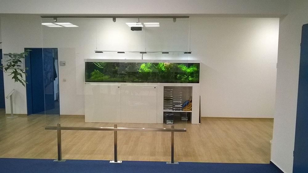 Ein großes Aquarium befindet sich hinter einer Glaswand in einem Raum