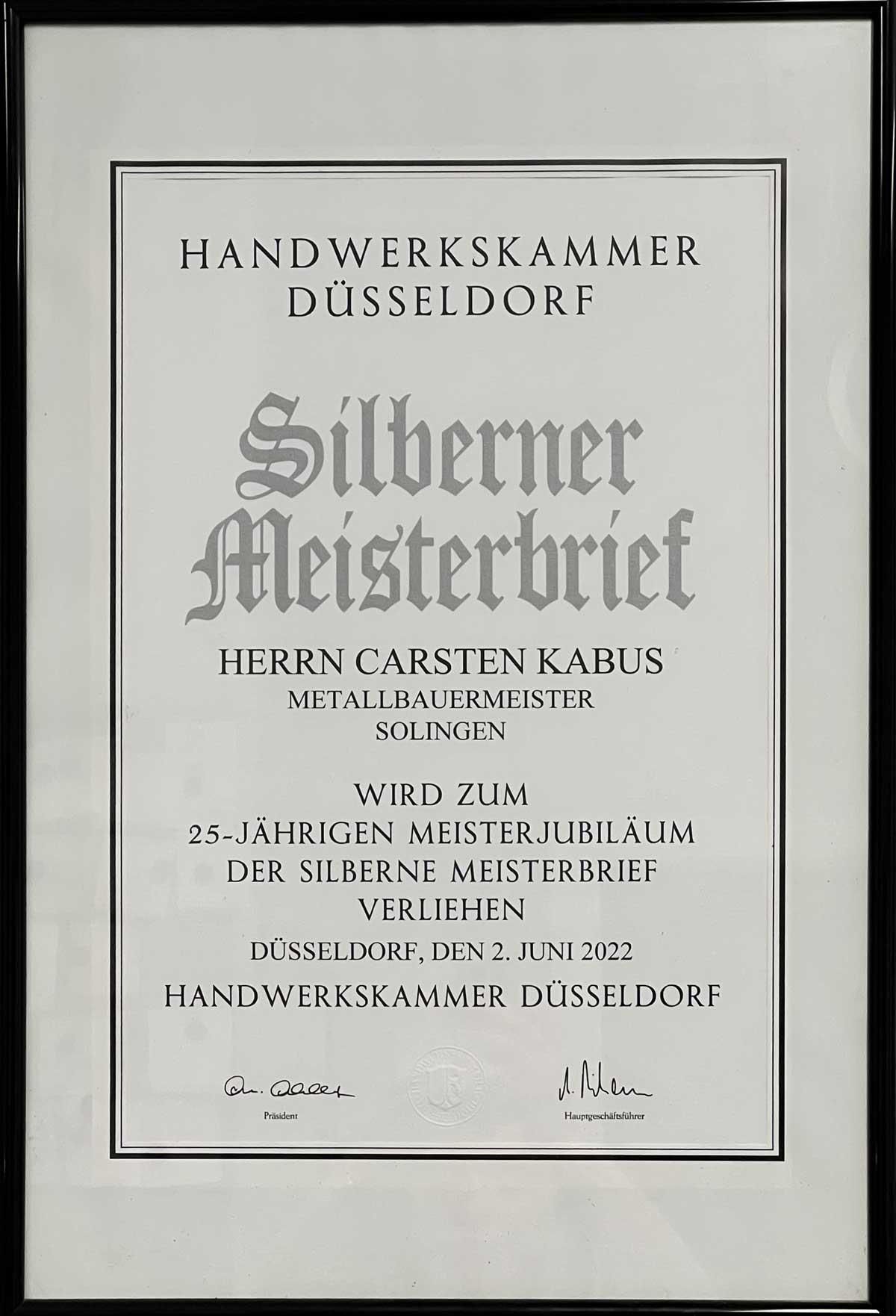 A certificate that says silberner meisterbrief on it