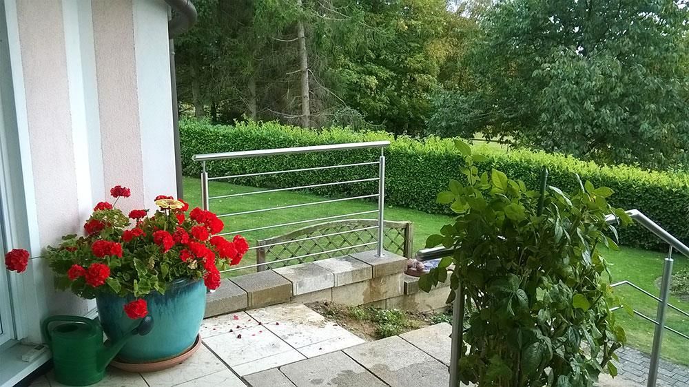Eine grüne Gießkanne steht neben einem Topf mit roten Blumen
