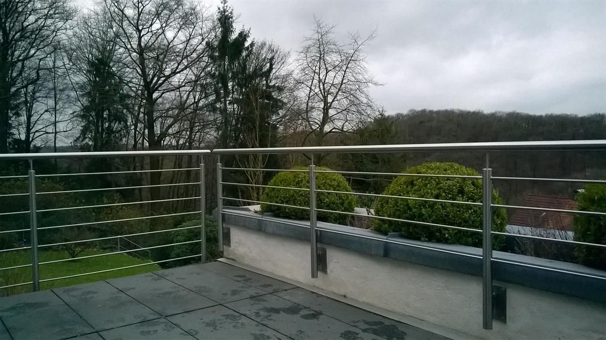 Ein Balkon mit Edelstahlgeländer und Blick auf Bäume und Sträucher.