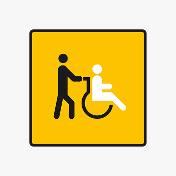 Ein gelbes Schild mit einem Mann, der eine Person im Rollstuhl schiebt